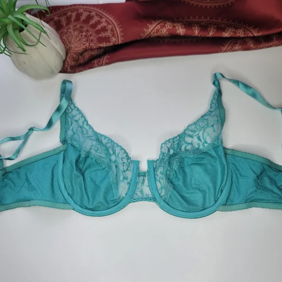Vintage Christian Dior Bra Embroidered Lace Satin Blue Size 34D - Picture 6 of 13